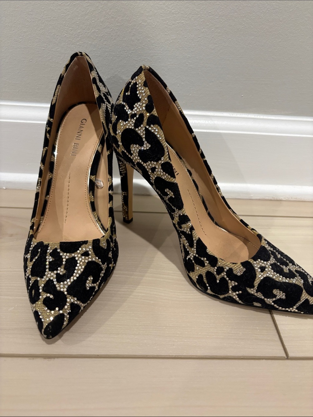 Gianni Bini Black and Gold Crystal-Accent Pointed Toe Pumps